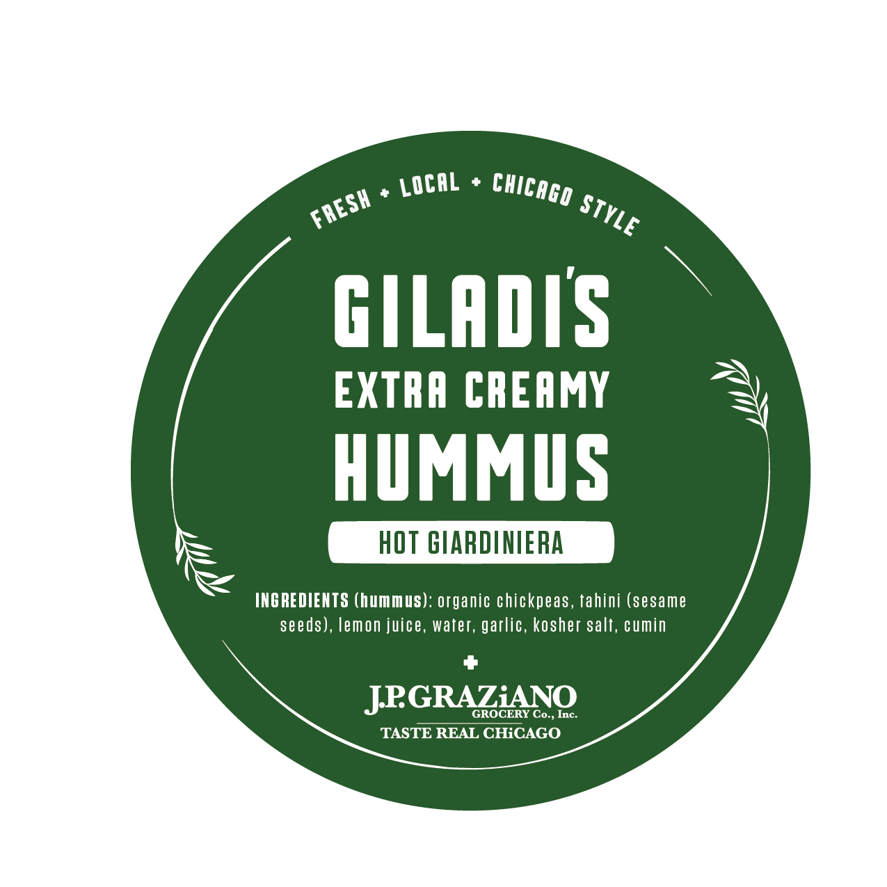 A circular green label for Giladi's Extra Creamy Hummus with Hot Giardinaire, by J.P. Graziano