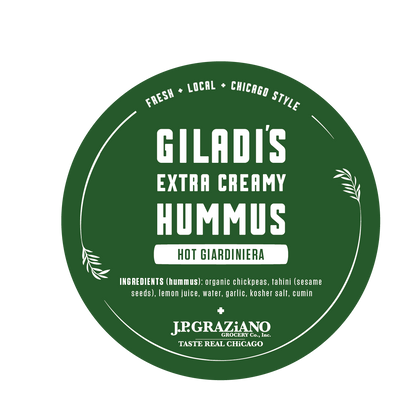 A circular green label for Giladi's Extra Creamy Hummus with Hot Giardinaire, by J.P. Graziano